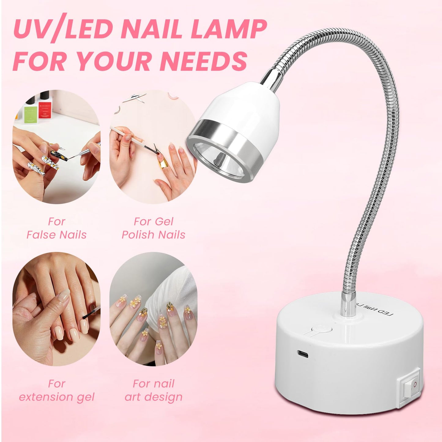 Touch UV Nail Light, Cordless Flash Cure Nail Lamp with Smart Touch and 60s Timer, Portable Mini Gooseneck UV Light for Gel Nails, Gel Nail Lamp for Home DIY Salon