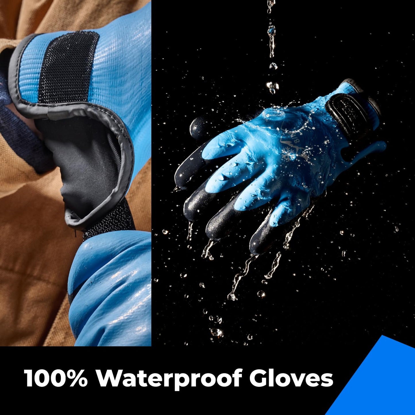 100% Waterproof Gloves Bulk Pack, 3 Pairs, Winter Work Gloves for Extreme Cold, Touchsreen, Warm Gloves for Freezer, Fishing and Gardening, with Grip, Blue, X-Large
