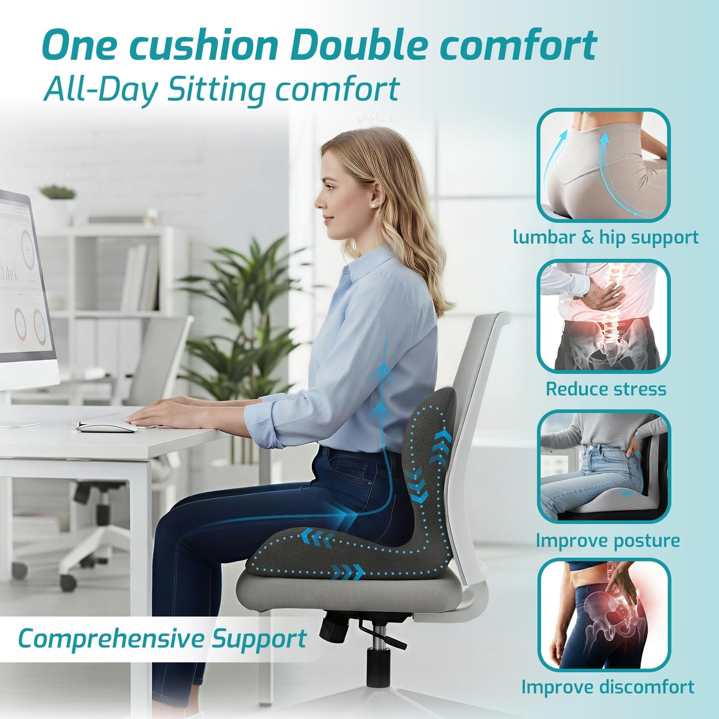XZdream Memory Foam Seat Cushion,Office Cushion with Lumbar Support for Back Pressure Relief,Truck Seat Cushion with Adjustable Strap,for Car,Truck, Desk (Black+Mesh Cloth)