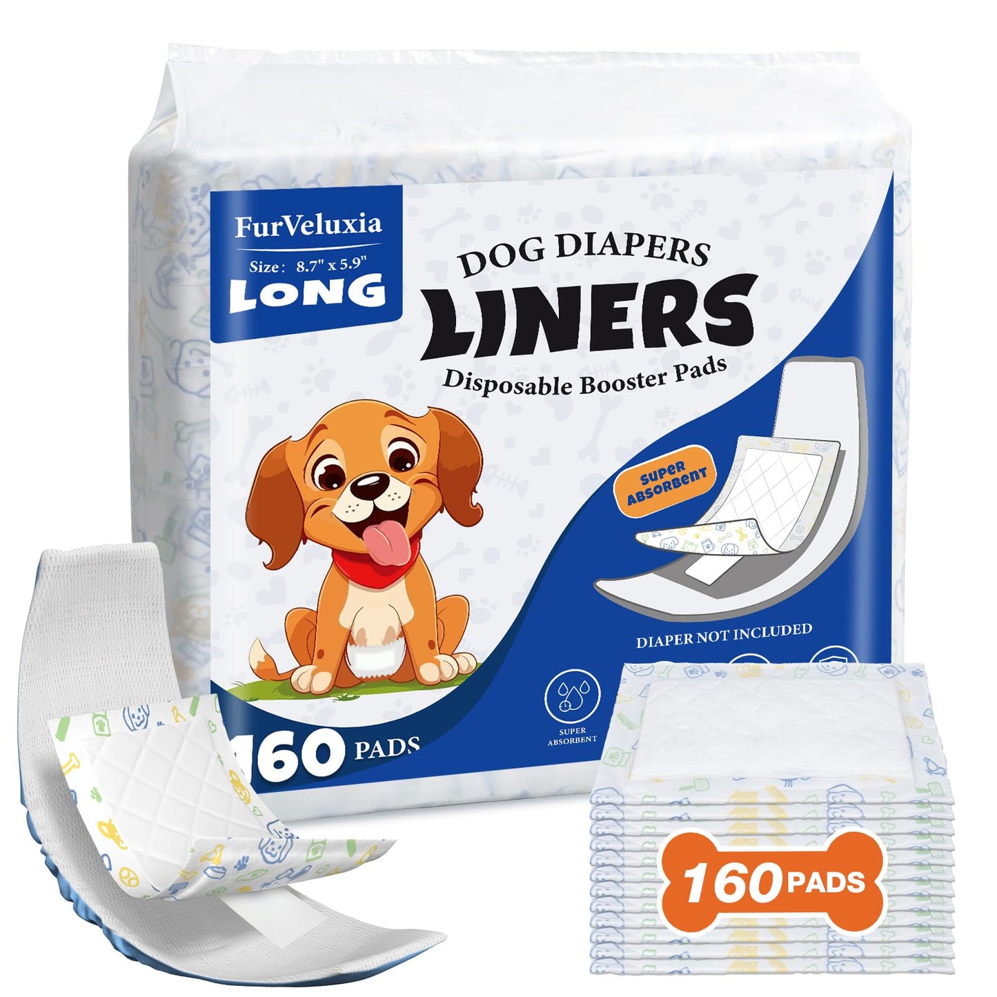 FurVeluxia Dog Diaper Liners for Male and Female Dogs(160ct), Super Absorbent Disposable Dog Diaper Booster Pads Inserts fit Most Reusable and Washable Pet Belly Band, Wraps