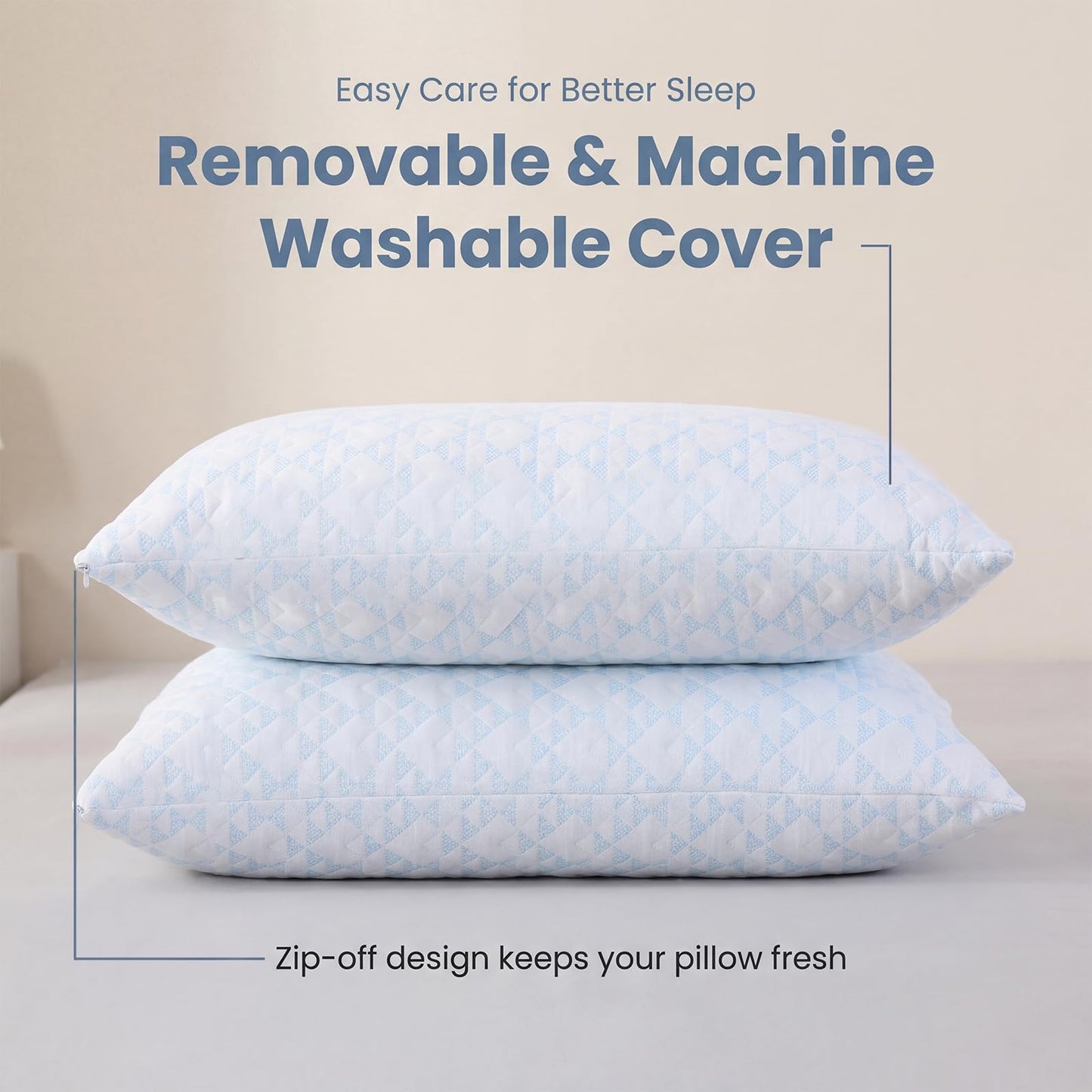 Adjustable Memory Foam Bed Pillows:Queen Size Shredded Foam Pillow Set of 2 for Sleeping with Removable & Washable Pillowcase for Back,Side & Stomach Sleeper-Medium Firm