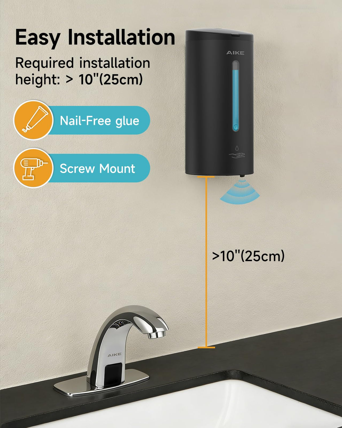 AIKE Classic Automatic Soap Dispenser,750ML Liquid Wall Mount,MatteBlack Stainless Steel Finish Model AK1205E