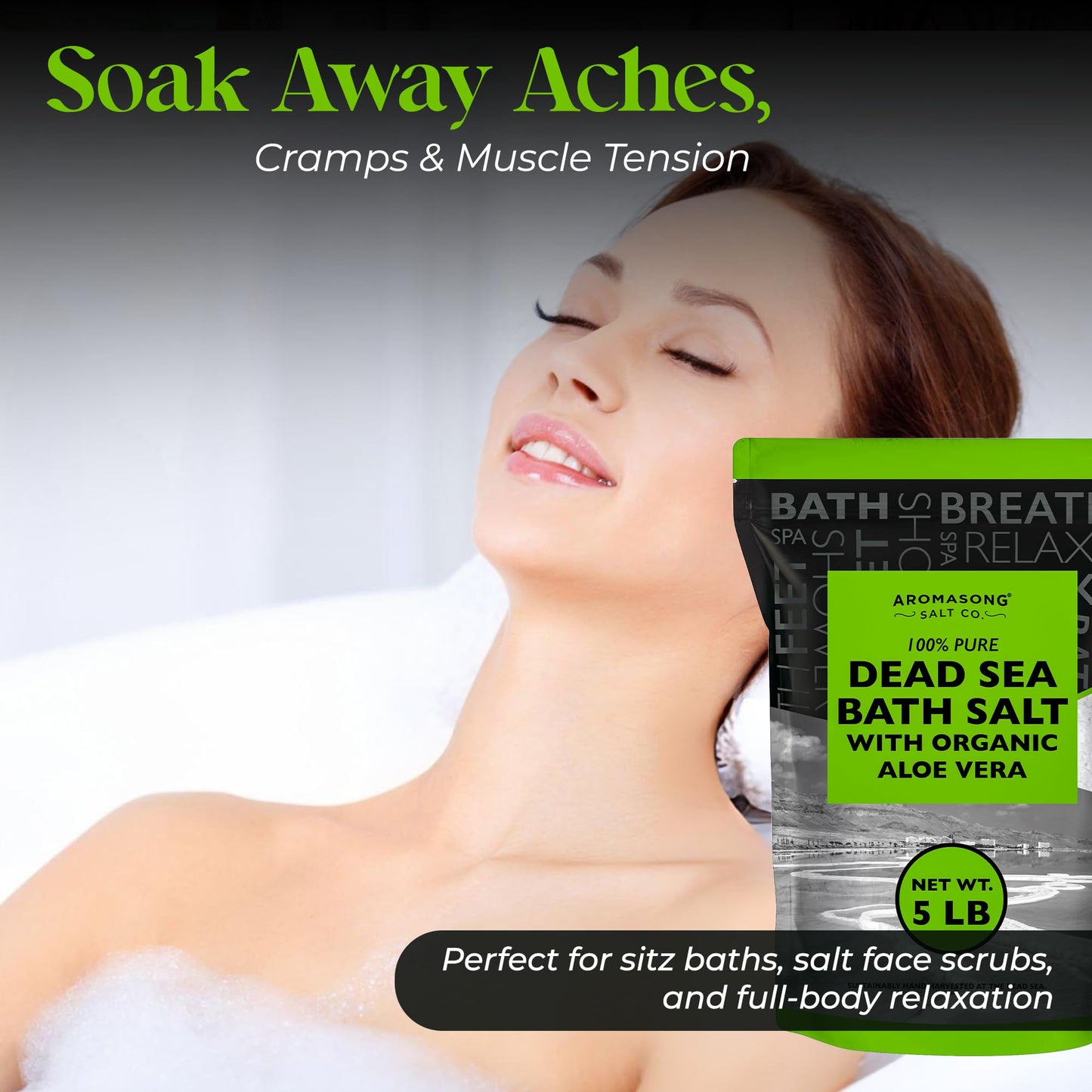 Aromasong Dead Sea Salt with Organic Aloe Vera, 5 Lbs Fine Grain Large Bulk resealable Pack, 100% Pure & Natural, Used for Body wash Scrub, Soak for Women & Men for Tired Muscles & Skin Issues.