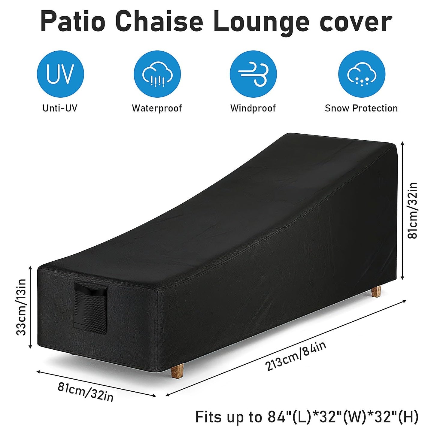 Chaise Lounge Covers Waterproof Outdoor, 2 Pack Heavy Duty Patio Furniture Covers with Air Vent, Bench Chair Seating Cover for Lawn Poolside, All Weather Protection, 84" L x 32" W x 32" H, Black