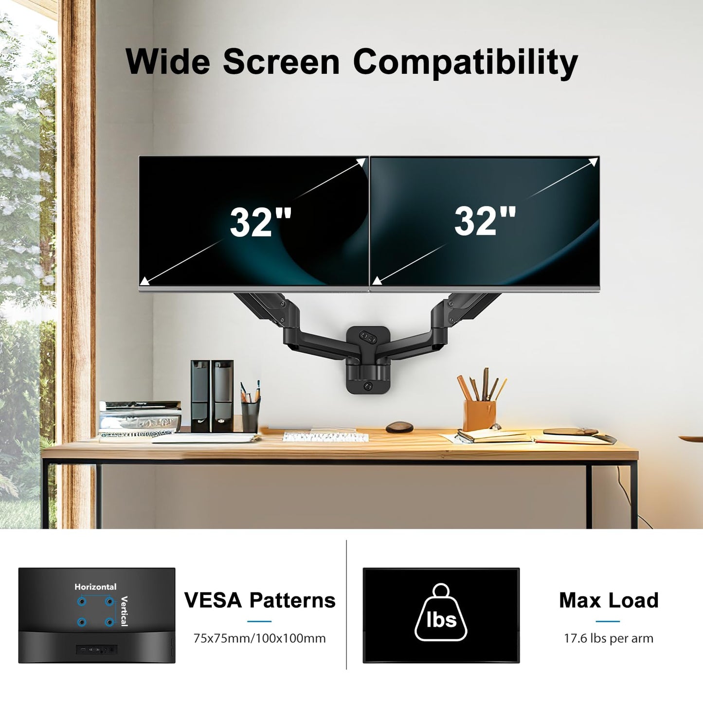 HUANUO Dual Monitor Wall Mount up to 32-inch Screens, Wall Monitor Mount with Design System, Height-Adjustable/Tilt/Swivel/Rotate, Dual Monitor Mount Holds 17.6 lbs, VESA 75 or 100mm