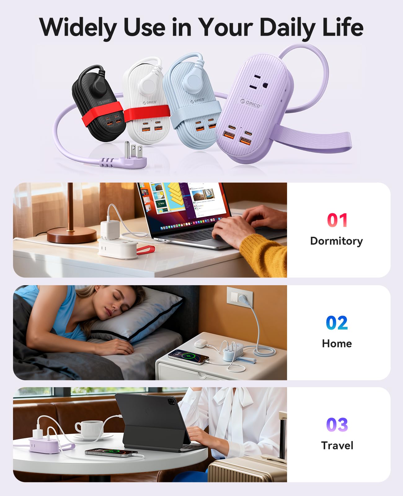 ORICO 22.5W Travel Power Strip, 7 in 1 Charging Station with 3AC, 2 USB-A, 2 USB-C, 4ft Thin Extension Cord, Flat Plug Fashion Essential for Travel/Home/Office/Library/Dorm - TK22