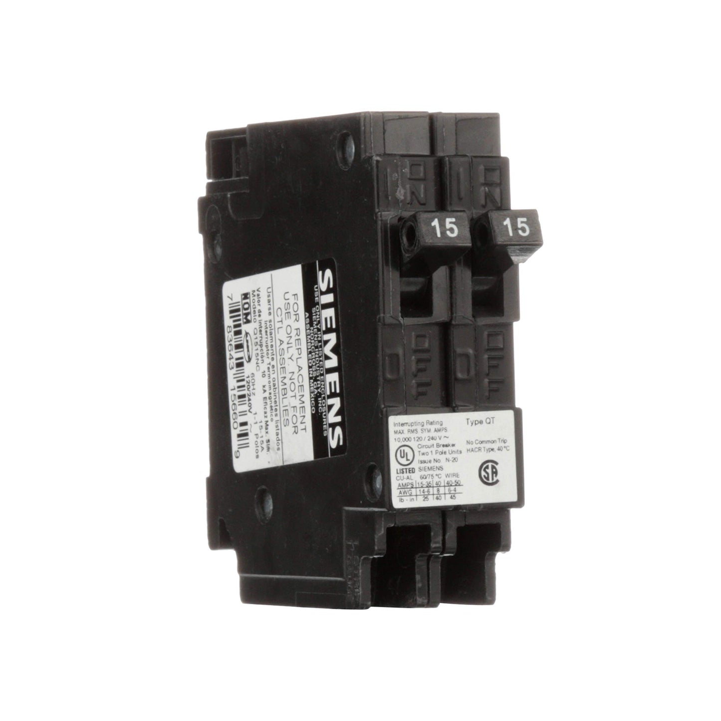 Siemens Q1515NC Two 15-Amp Single Pole 120-Volt Non-Current Limiting Circuit Breaker
