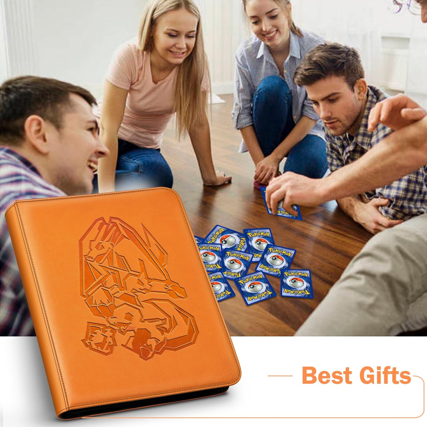 Card Binder 9 Pocket, Trading Card Zip Binder, 30 Side-Loading Pages, 540 Cards, Folder for Collectible Games (Orange)