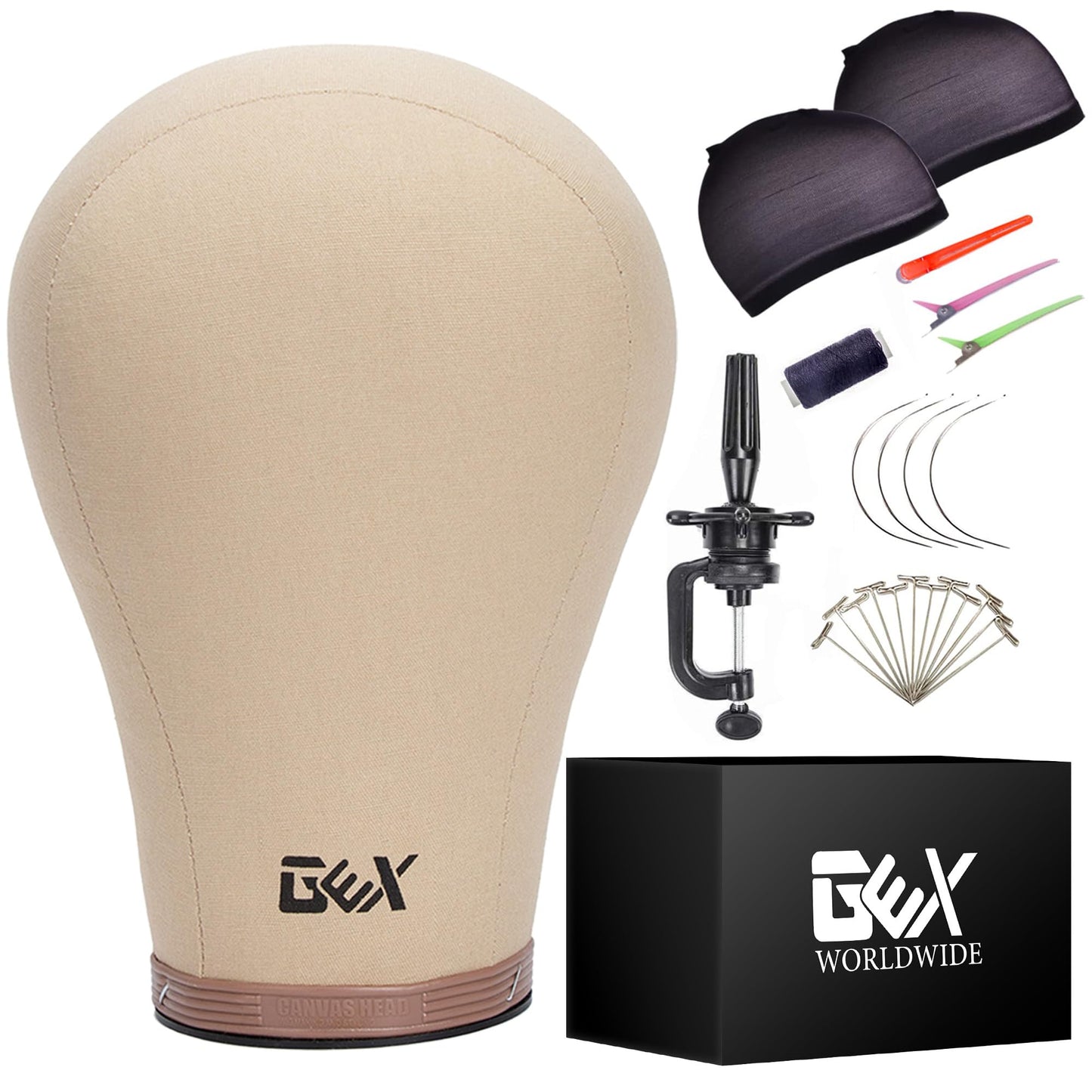 GEX Canvas Block Cork Wig Mannequin Head for Wig Making Drying Styling Display with Table C Stand Clamp Holder&GEX Wig Grip (Light Brown 24")