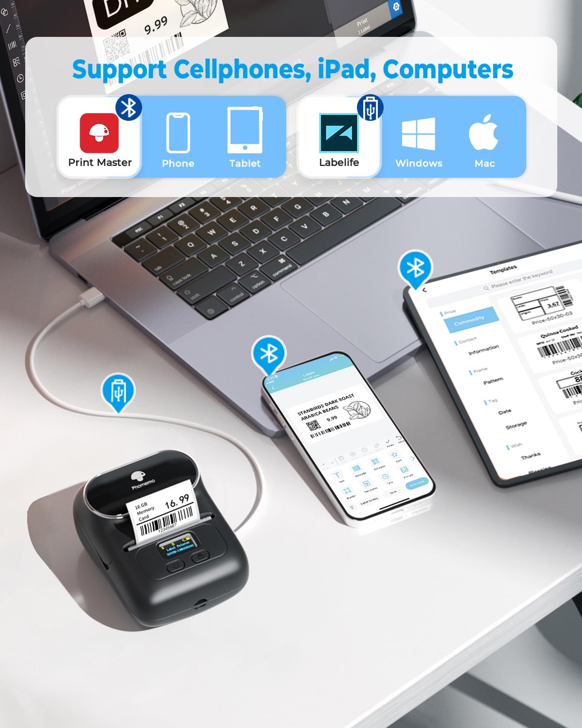 Phomemo Label Maker, Bluetooth Label Maker Machine, Print Width 20mm-50mm, Versatile App with 600+ Fonts & 700 Templates, for Small Business & Home, Black (100 Labels)