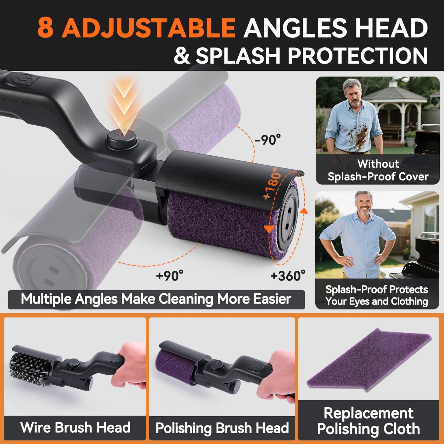 PUVIRECN Electric Grill Cordless Cleaning Brush, Upgraded AS SEEN ON TV! BBQ Barbecue Scrubber, High Torque 25W Motor & MAX 400RPM, Dual Heads & Splash Guard