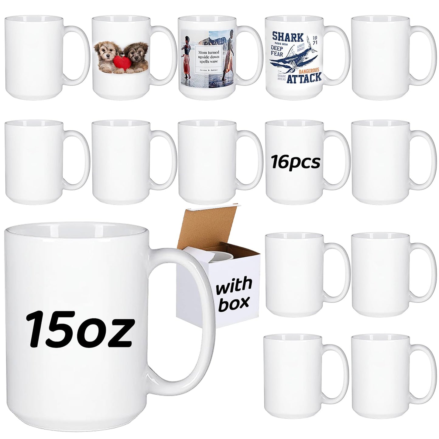 16 Pcs Sublimation Mugs, 15 oz Blank Coffee Mugs, White Ceramic Sublimation Cups with Handle Christmas Coffee Mug for Coffee, Tea, Milk, Latte, Hot Cocoa