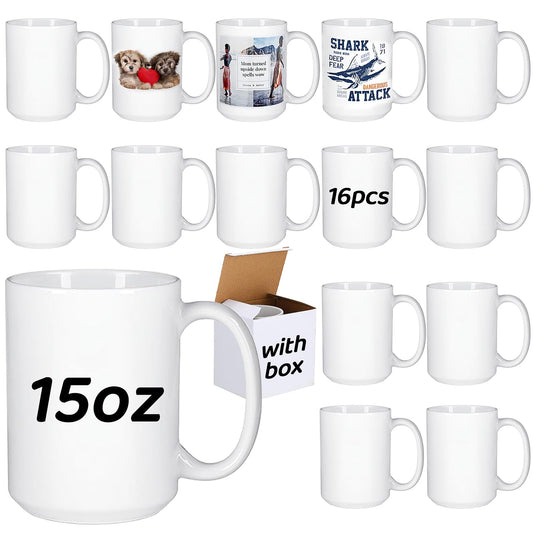 16 Pcs Sublimation Mugs, 15 oz Blank Coffee Mugs, White Ceramic Sublimation Cups with Handle Christmas Coffee Mug for Coffee, Tea, Milk, Latte, Hot Cocoa