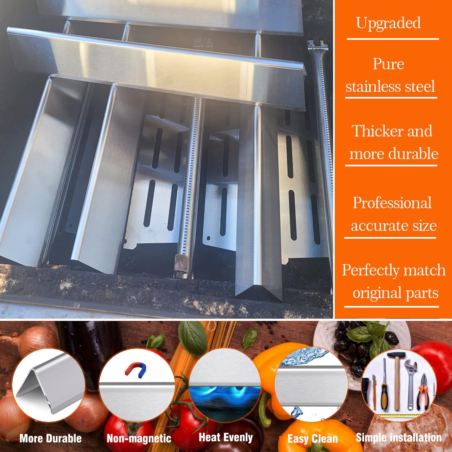 Tombili Replacement for Weber Genesis Flavorizer Bars - for Genesis 310 320 330 with Front Control Knob - 17.5" Stainless Steel Flavorizer Bars & Heat Deflector for Weber 7620 7621