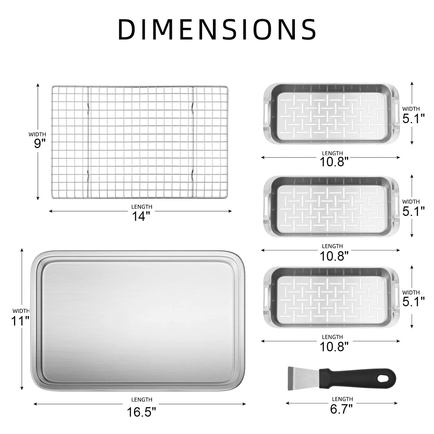VIKEYHOME Grill Basket Set, 6-Piece Stainless Steel Large Grill Pans, 16.5" x 11" Pan, Outdoor Grill with Cooling Rack for Vegetables, Fish, Meat, Great Grilling Gifts for Men