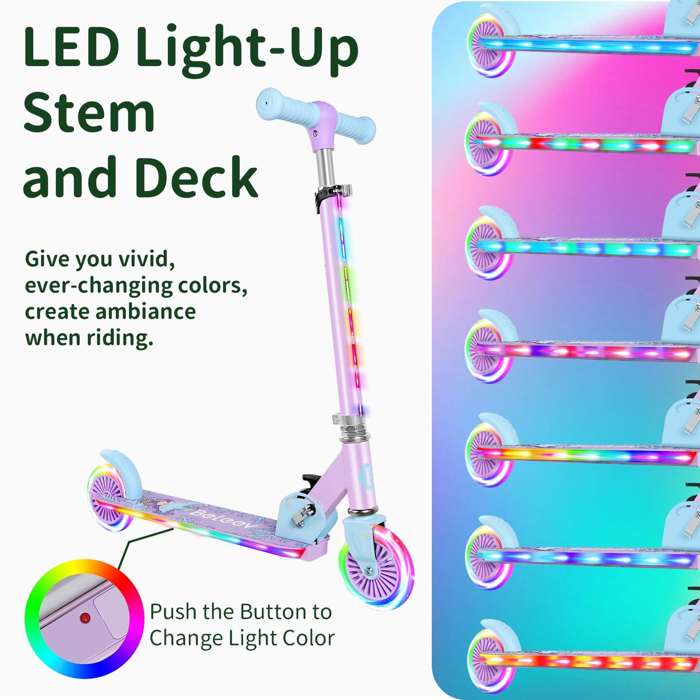 BELEEV V2 Scooters for Kids with Light-Up Wheels & Stem & Deck, 2 Wheel Folding Scooter for Girls Boys, 3 Adjustable Height, Non-Slip Deck, Lightweight Kick Scooter for Children Ages 3-12 (Purple)