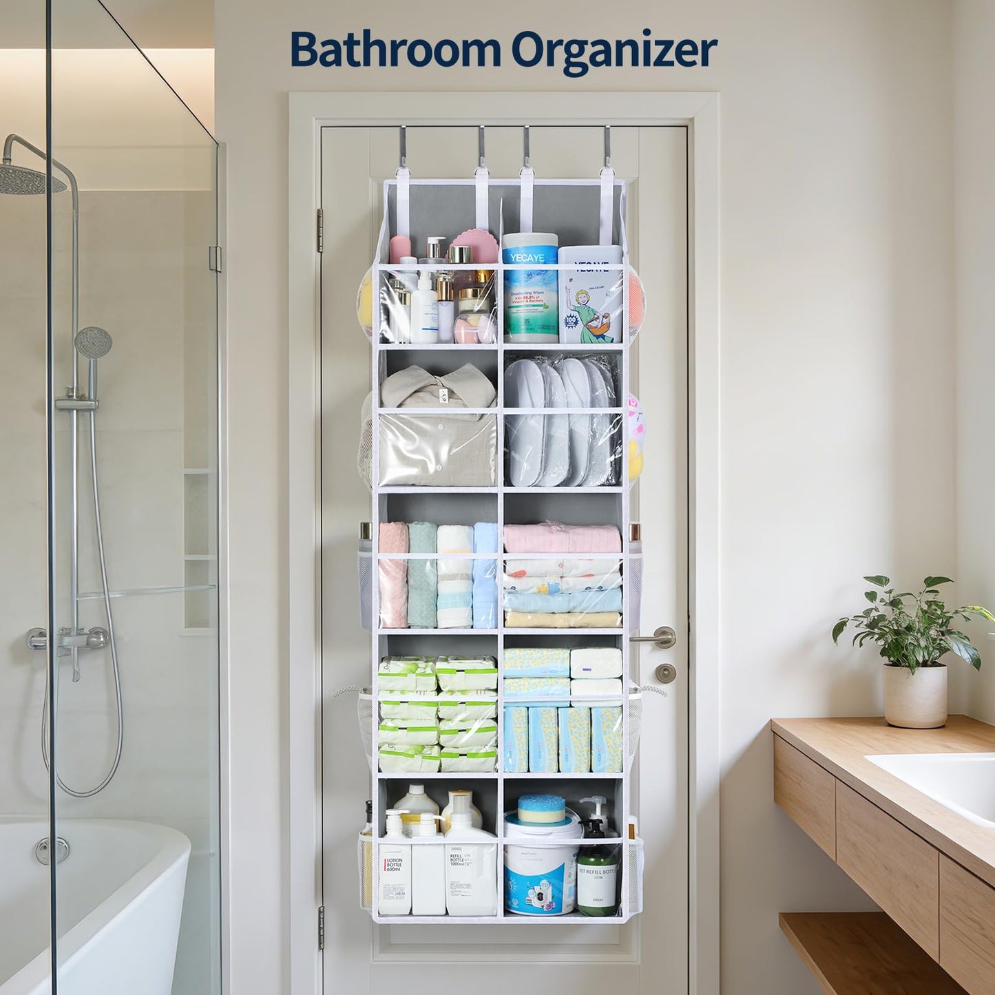Yecaye Over The Door Organizer 5 Tier, 80lb Capacity Extra Large Behind Door Storage of 10 Clear Window, Heavy Duty Door Hanging Organizer for Closet Bedroom Bathroom Diaper Nursery, Double, Gray