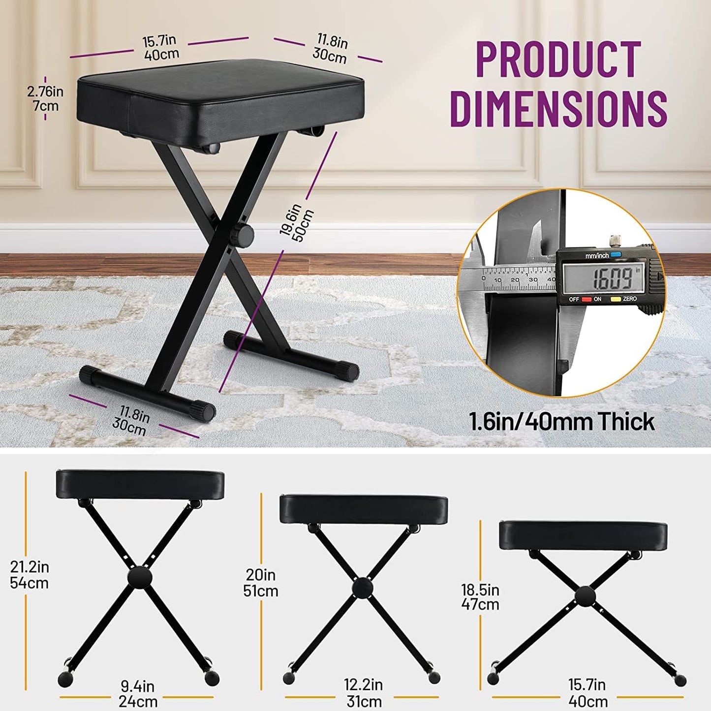 Adjustable Padded Piano Keyboard Bench Seat, Folding Design for Beginner Professionals (type2)