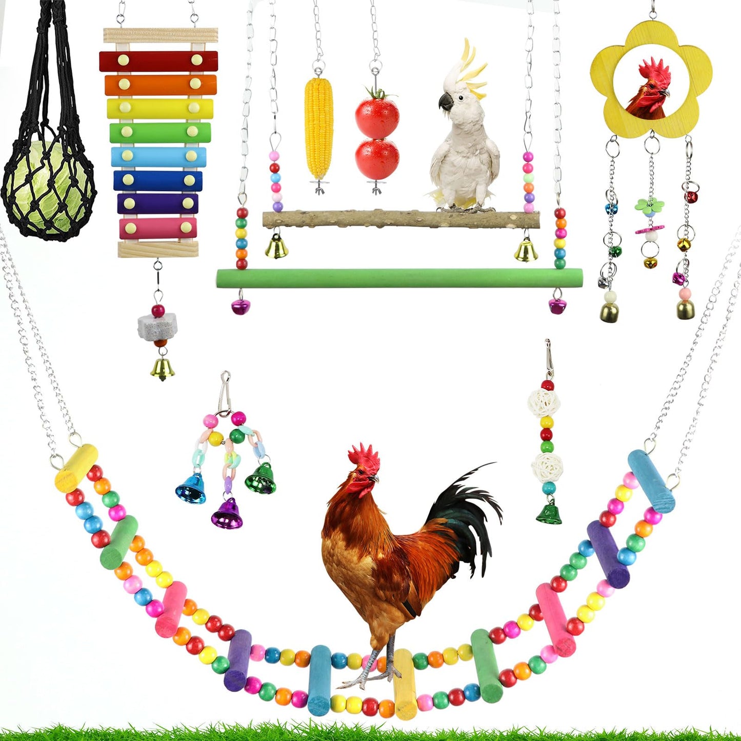 Qivine Chicken Toys for Coop with Swings for Coops, 10Pcs Chicken Toys for Your Chickens with Chicken Mirror, Hanging Chicken Enrichment Toys for Chickens