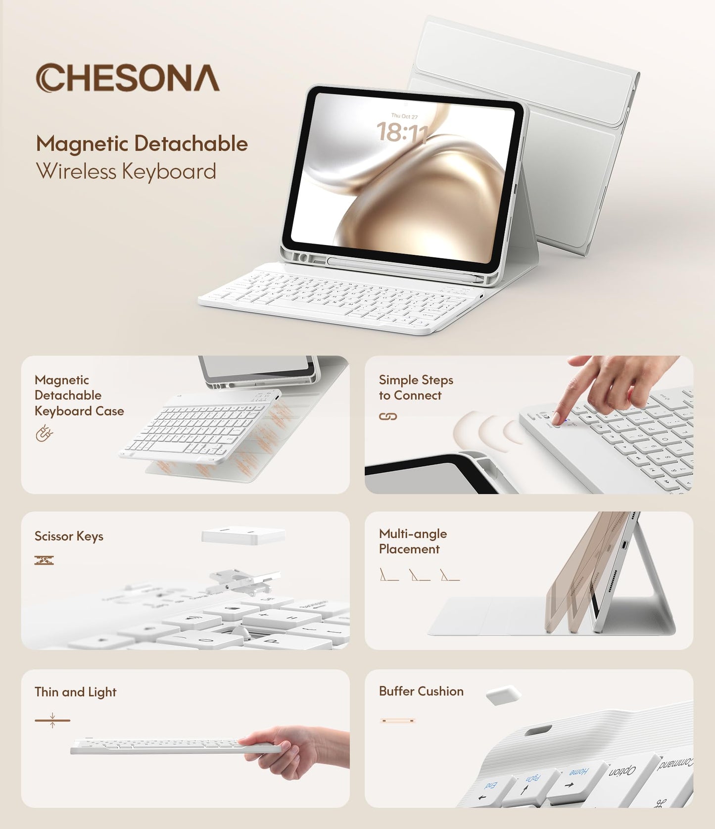 CHESONA Keyboard Case for iPad (A16) 11th 2025/10th Generation 10.9-inch 2022, Magnetic Detachable Wireless Keyboard, Stand Folio Keyboard Cover with Pencil Holder, Thin & Light, White