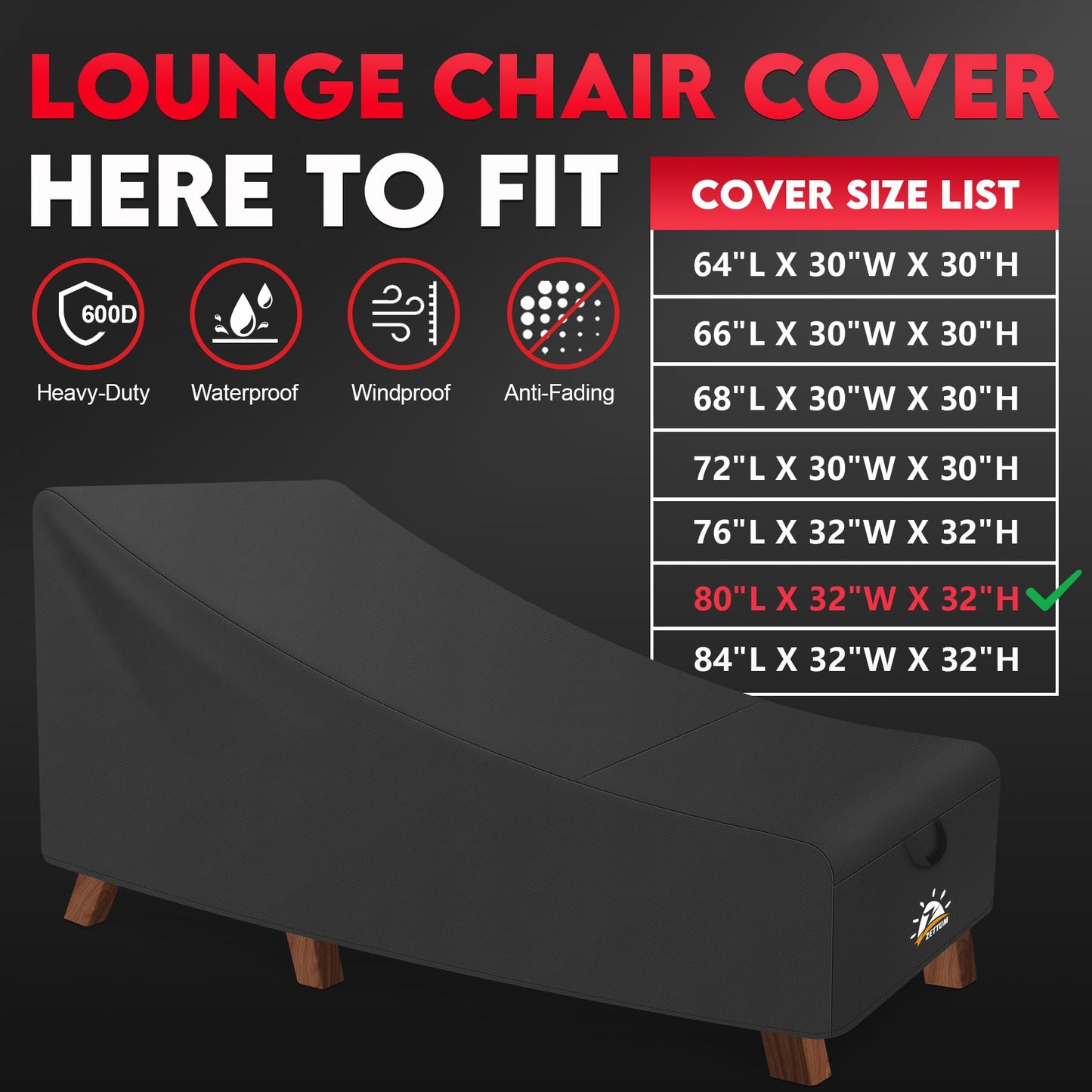 Zettum Outdoor Lounge Chair Cover 2 Pack - Waterproof Patio Chaise Lounge Chair Cover, 600D Fade-Resistant Outdoor Seating Cover For Pool Lounge Chair, Lawn Bench Furniture 80 x 32 x 32 Inch