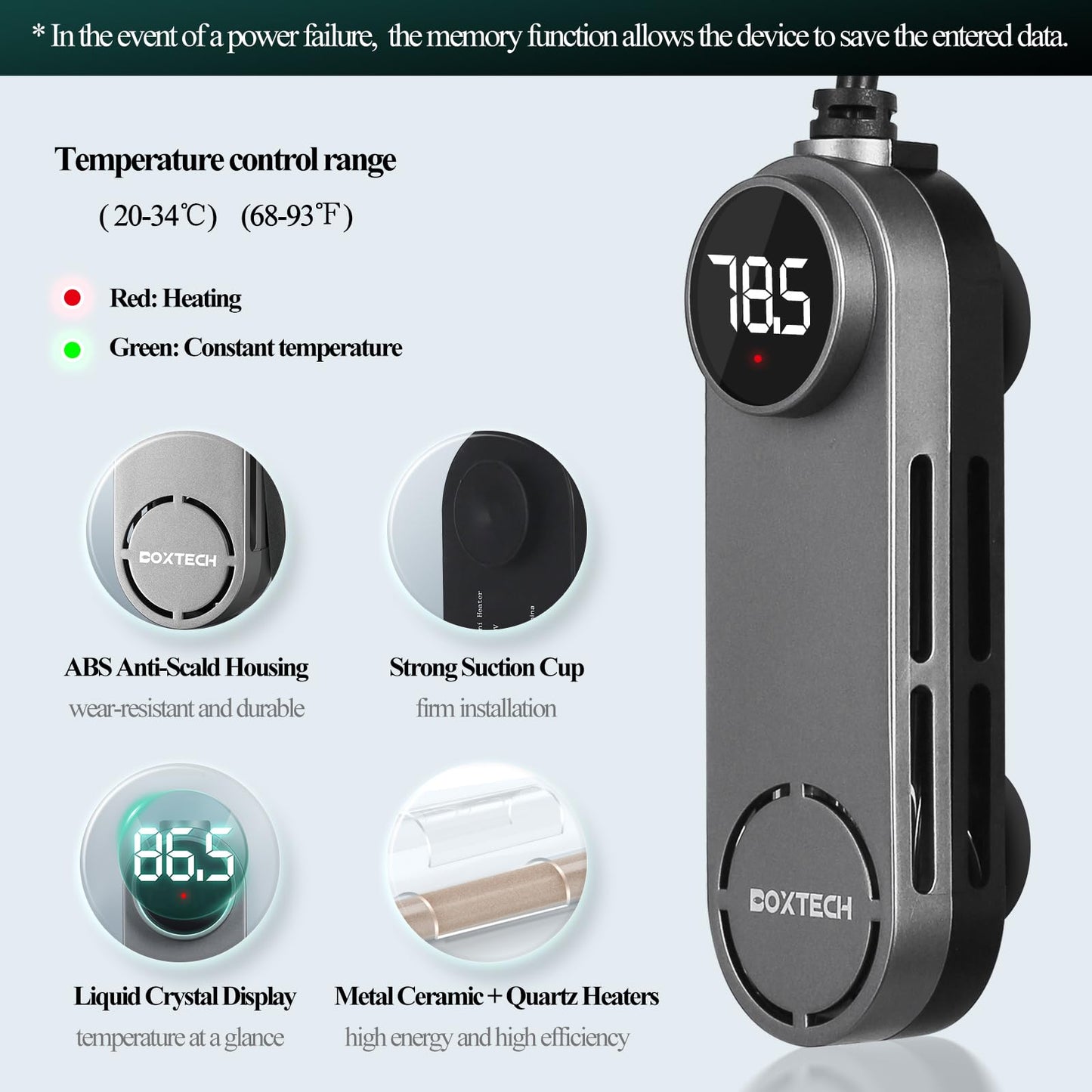 Boxtech Betta Fish Tank Heater - Small Aquarium Heater 75w for Turtle Tank with Led Digital Display, External Temperature Controller for 8 to 17 Gallon Tanks