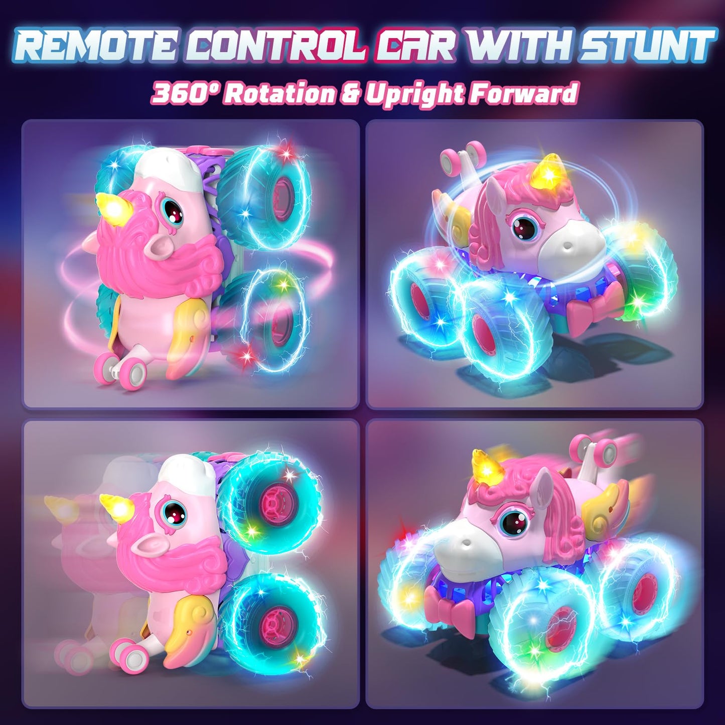 Lehoo Castle Remote Control Car for Girls 360° Rotating, Unicorn Monster Truck Toys with LED Lights, 4WD All Terrain RC Stunt Car Rechargeable, 2.4GHz RC Truck for 3 4 5 6 7 8 Girls Birthday Gift