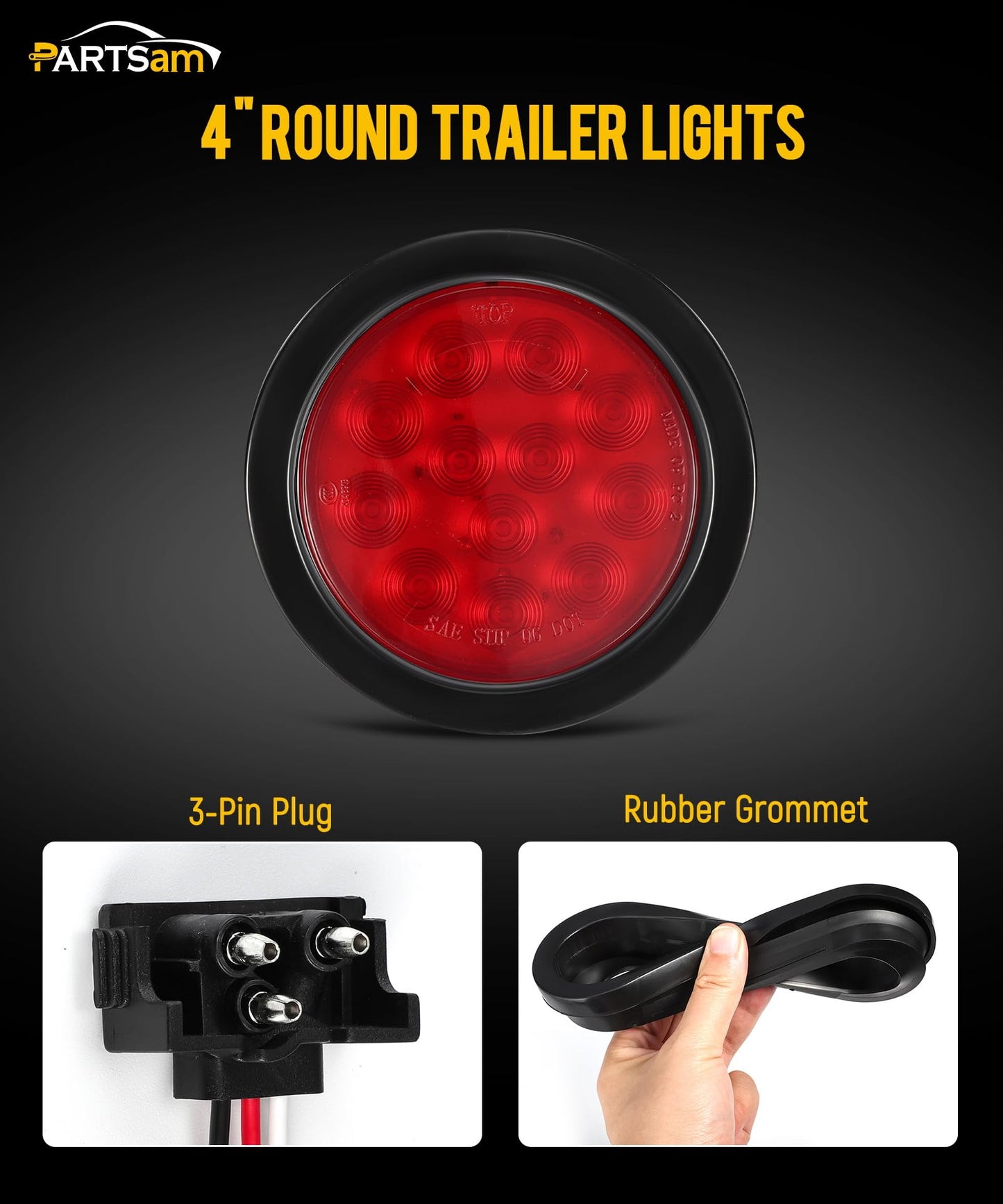 Partsam 4Pcs 4" Inch Round Led Stop Turn Tail Back-up Reverse Fog Lights 12 LED Include Lights Grommet 3-Prong Wire Pigtails Round LED Trailer Tail Light Kit for Truck Trailer RV(2 Red + 2 White)