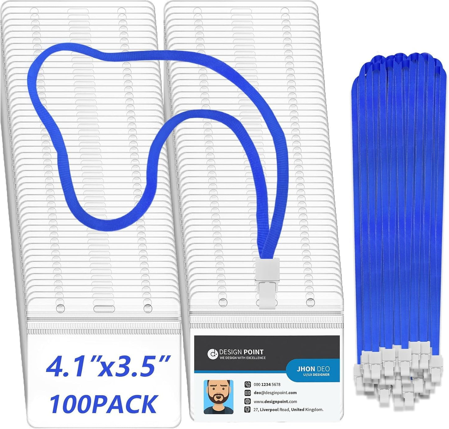 FZENeast Badge Holder with Lanyard，100 PCS Horizontal Clear Waterproof ID Badge Holder with 100 PCS Flat Neck Blue Badge Lanyards for Office School Business