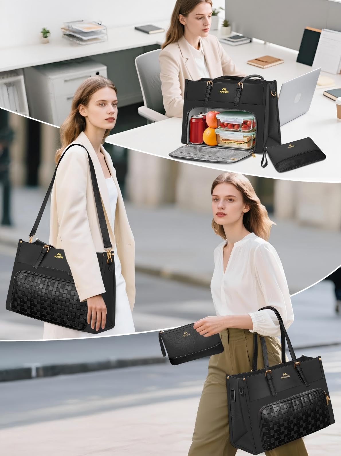 MATEIN Laptop Bags for Women, Work Bag with Lunch Compartment, Work Tote Bags with Clutch,Large Lunch Bags for Office, Daily Use, 2 Sets, Black