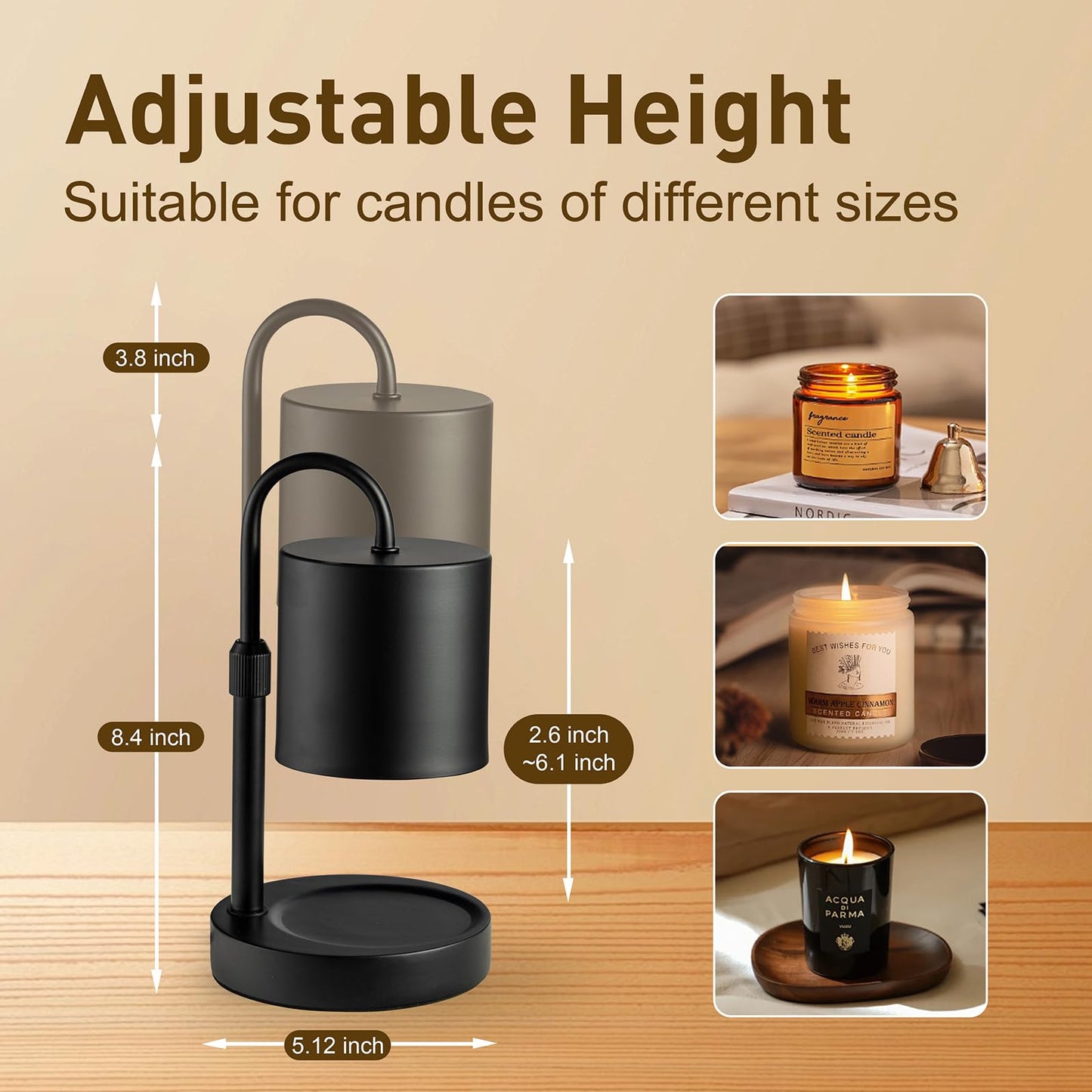 Briever Candle Warmer Lamp with Timer and Dimmer, Electric Candle Lamp Warmer for Jar Candles, Adjustable Height Candle Wax Warmer with 2 Bulbs & Wooden Base, Gifts for Women Home Decor, Black