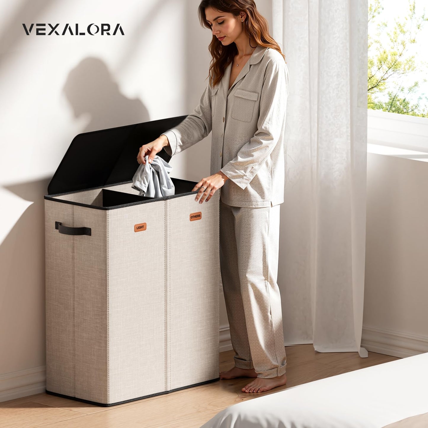 Vexalora 150L Double Laundry Hamper With Lid, Large Clothes Hampers with Removable Bag, Laundry Hamper 2 Section for Bathroom, Bedroom, Laundry Room, Dorm, Beige
