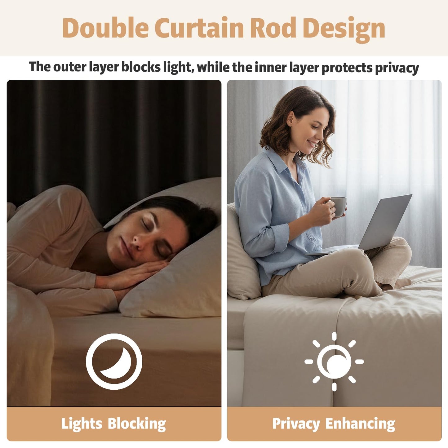 PeSenp Double Curtain Rods 48 to 84 Inch, 3/4 Inch Blackout Adjustable Curtain Rod with Innovative Snap-Fit Finials, Decorative Drapery Rod for Windows (Window Size: 24-86 Inch)