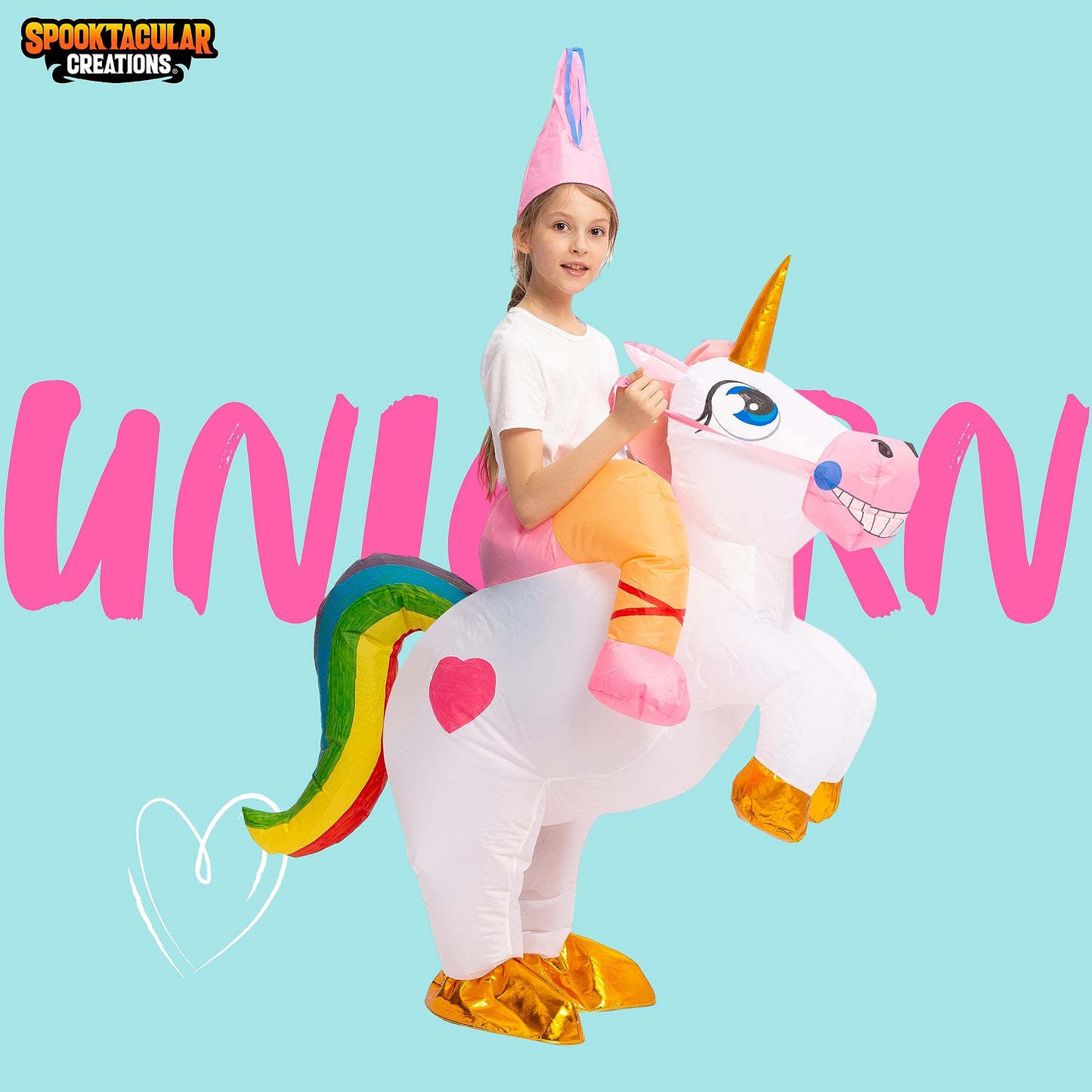 Spooktacular Creations Kids Inflatable Costume, Ride on Light-up Unicorn Air Blow Up Halloween Costumes，S