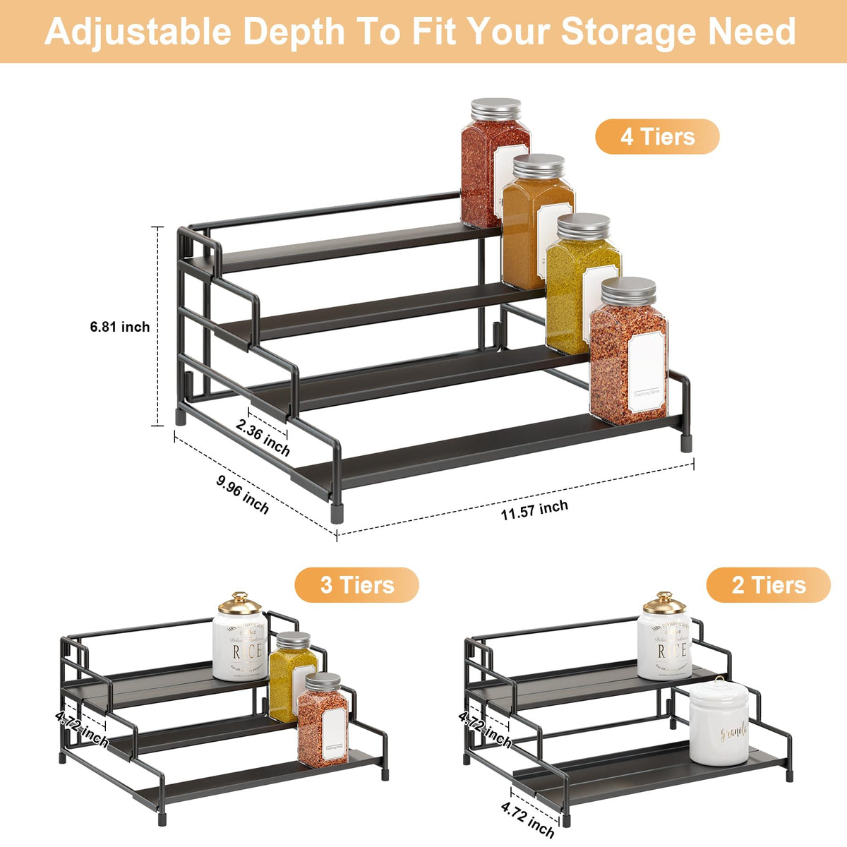 RUILALIFE 4-Tier-Spice-Rack-Organizer-for-Cabinet, Adjustable Depth Spice Holder Shelf For Countertop Pantry Cupboard, Metal Tiered Seasoning Organizer,Display Shelf Riser