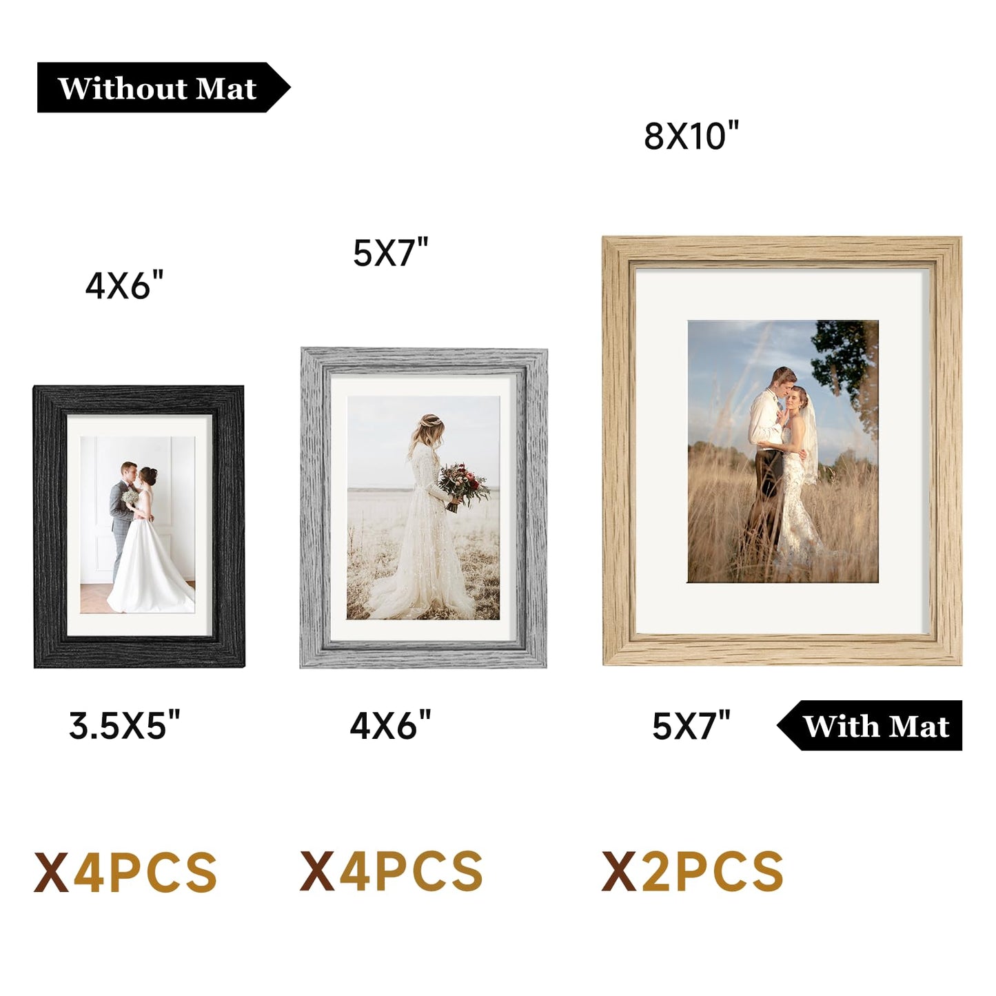 Picture Frames, Made of Real Glass and Wooden Frame, Gallery Photo Frames Set of 10 for Collage Wall Decor, Multi Sizes Including 8x10, 5x7, 4x6 for Mounting or Tabletop Display, Wood