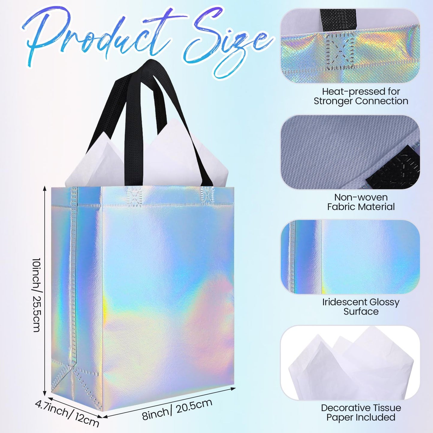 Eccliy 60 Sets Reusable Gift Bags with Tissues Papers, Glossy Non Woven Tote Bags with Handles, Bright Grocery Tote for Pooja, Halloween, Christmas(Iridescence)
