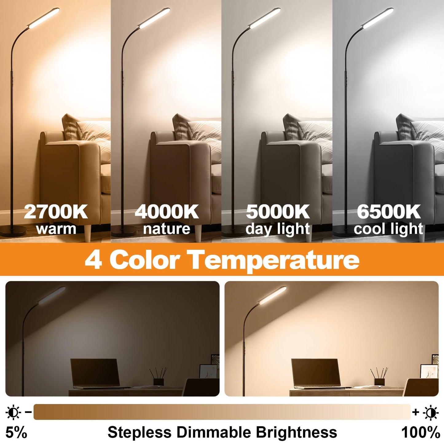 Floor Lamp, 18W 1800LM Super Bright LED Floor Lamp with Remote & Works with Smart Plug, Dimmable Timing Eye Caring Reading Lamps Floor Standing for Living Room Bedroom Office