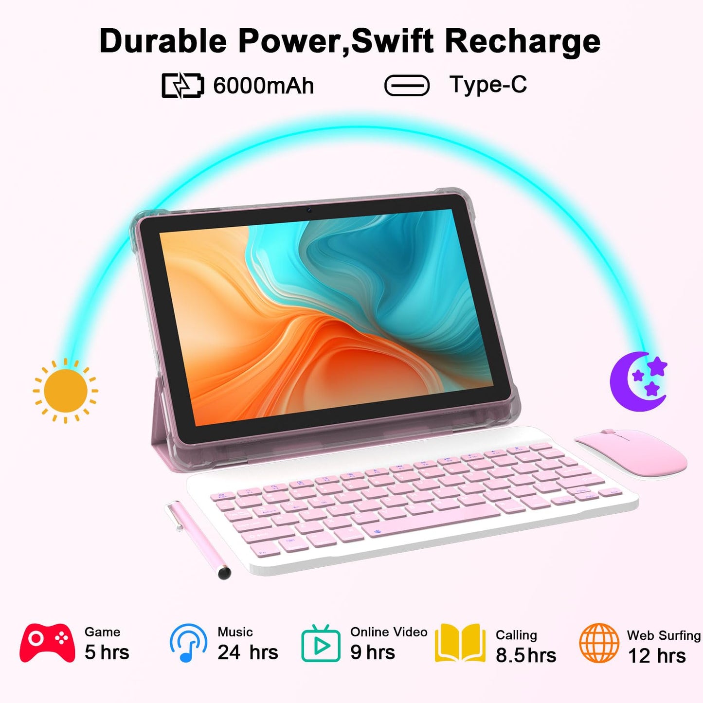 Android 15 Tablet, 10 Inch Tablet, 18GB RAM+128GB ROM/2TB Expandable Tablet PC, 2 in 1 Tablets with Keyboard, Mouse, Case, Stylus, Quad-core 2.0GHz CPU HD Screen, 5G WiFi 6 BT 5.0, 8MP Camera Tableta