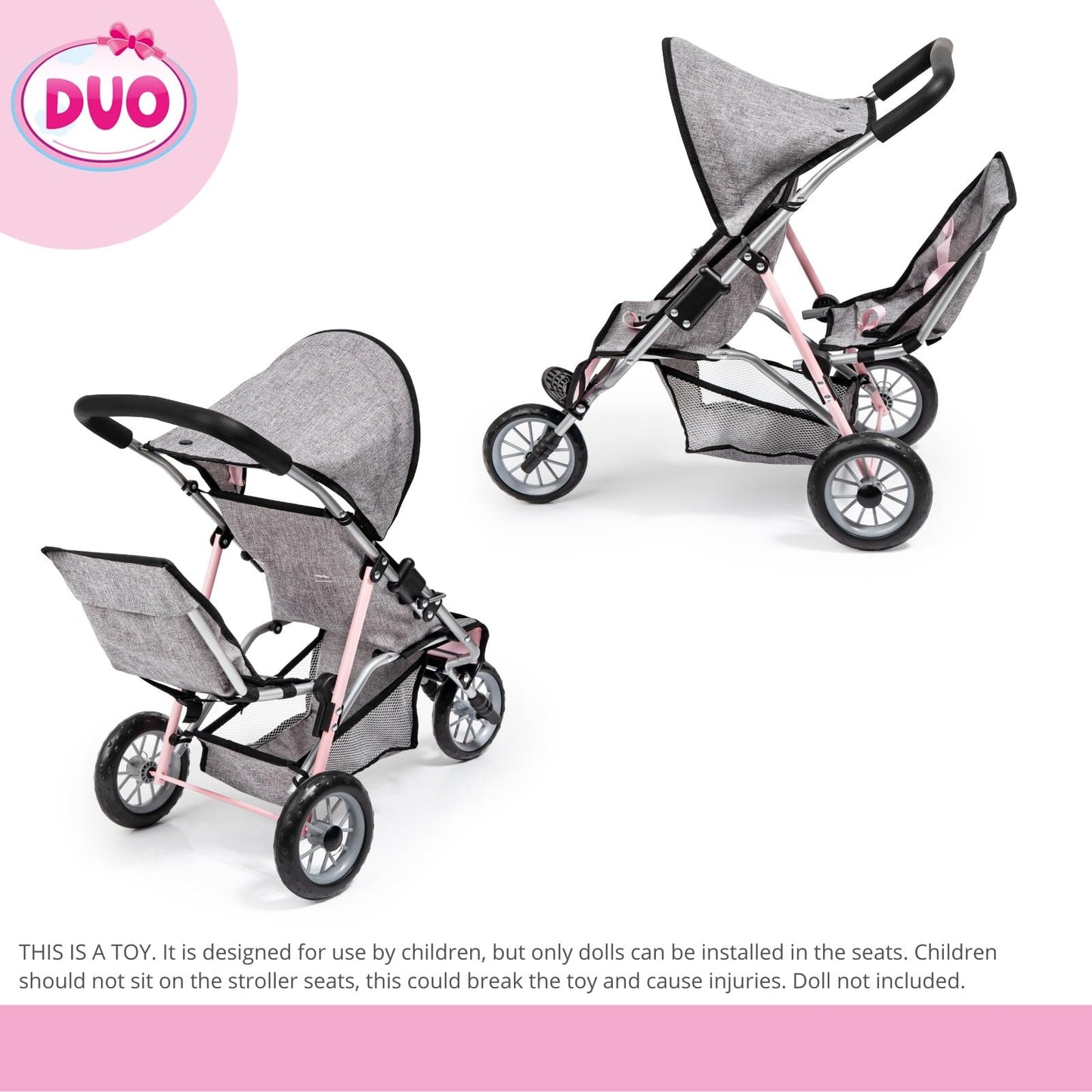 Bayer Design - Twin Dolls Pram Duo Grey Pink Butterfly - Double Stroller for Dolls, Sun Canopy, Security Belt - Dolls Up to 18” - Age 3+ - 39133AA