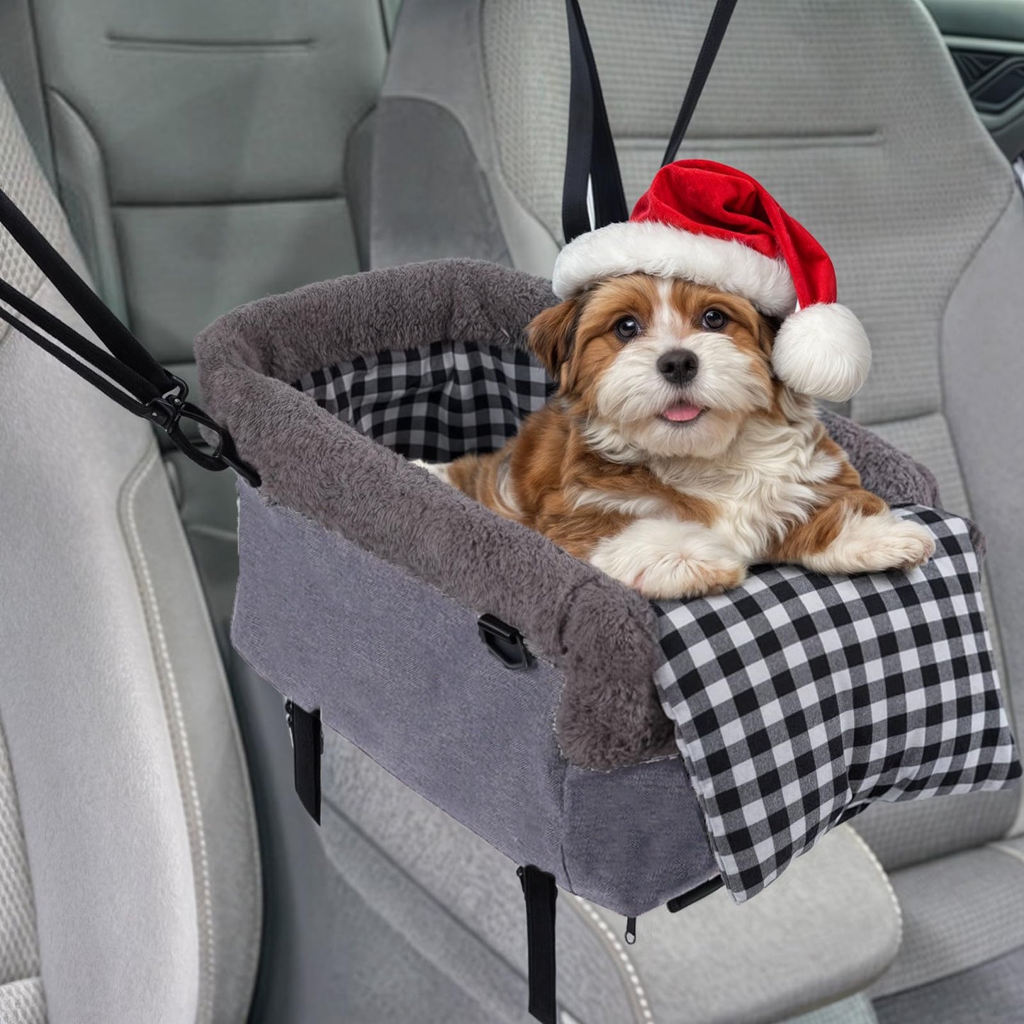 Console Small Dog Car Seat, Metal Frame Support Pet Car Seat, Soft Padded Upgraded Pet Portable Safety Booster Seat with Removable Headrest, Small Dog Car Console Safety Seat (Dark Gray)