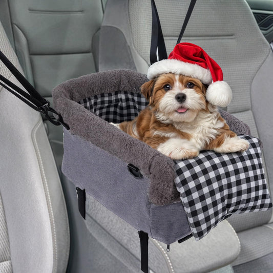 Console Small Dog Car Seat, Metal Frame Support Pet Car Seat, Soft Padded Upgraded Pet Portable Safety Booster Seat with Removable Headrest, Small Dog Car Console Safety Seat (Dark Gray)