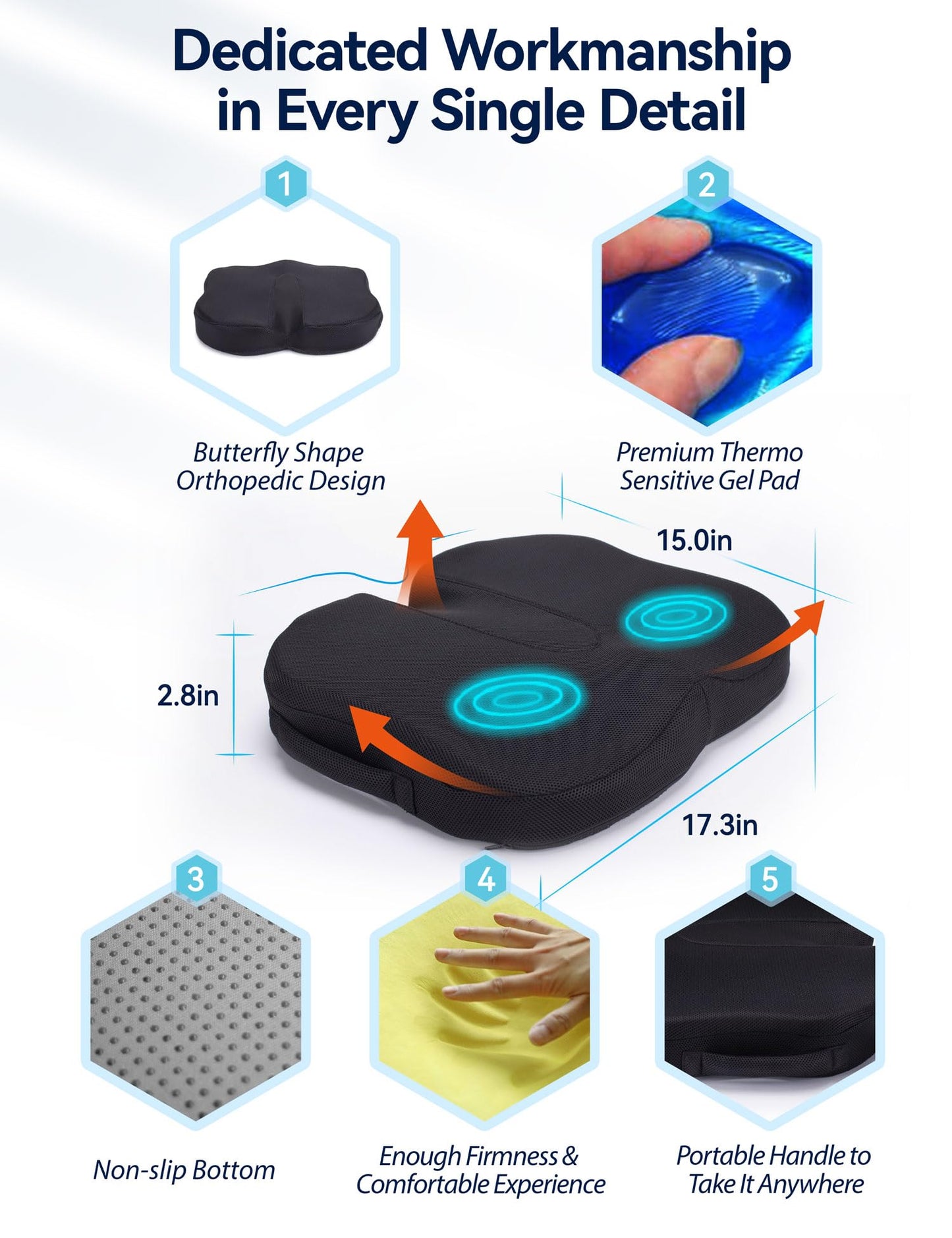 Travel Ease Gel Memory Foam Seat Cushion, Butterfly-Shape Seat Cushion for Long Hours Sitting Comfort, Butt Support Pillow for Office Chair, Car Seat, Dining Chair (Black)