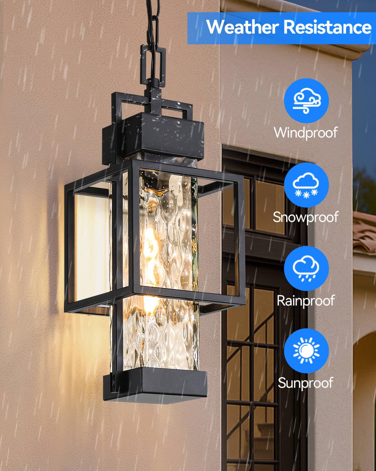 Outdoor Pendant Light for Porch, Waterproof Hanging Ceiling Lantern with Water Glass, Black Exterior Light Fixture for Front Door Gazebo Entryway, E26 Base, LED Bulb Included