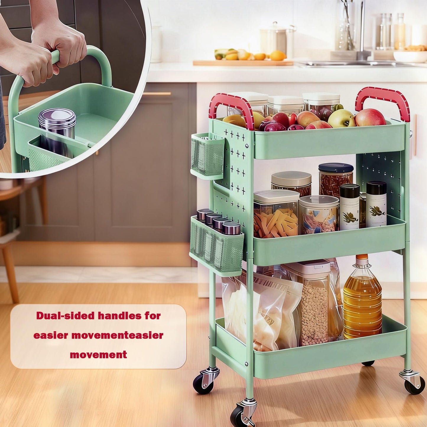 3 Tier Rolling Cart Storage Organizer,Heavy Duty Mesh Rolling Storage Cart Organizer，Metal Utility Cart with Wheels Baskets Hooks Pegboards,Craft Cart for Kitchen,Bathroom,Living Room,Office（Green）