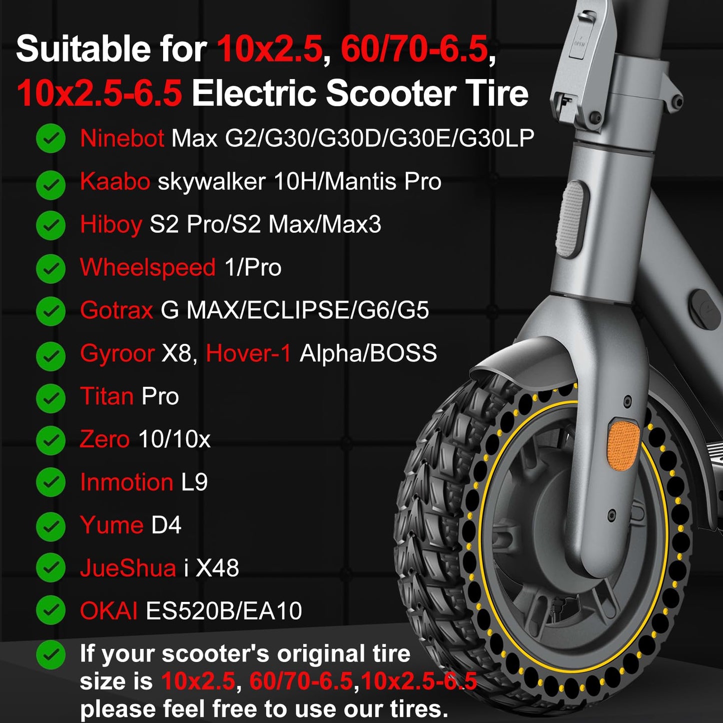 BANGTING 60/70-6.5 Scooter Tire, 10x2.5 inch Tire Solid for Segway Ninebot G30/G30D/G30E/G30LP/ G30D II/G30 Max, 10x2.5-6.5 Tires Replacement for Electric Scooter (Black) (Yellow (1PCS))