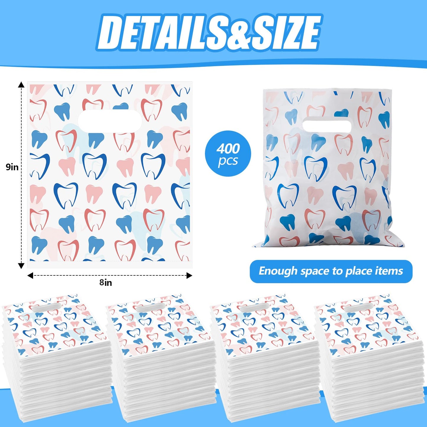 Colarr 400 Pcs Tooth Patient Care Dental Bags 9 x 8 Inches Plastic Merchandise Bags Dental Bags for Patients Dental Clinics Patient Encouragement Gifts Party Favors (Dental)