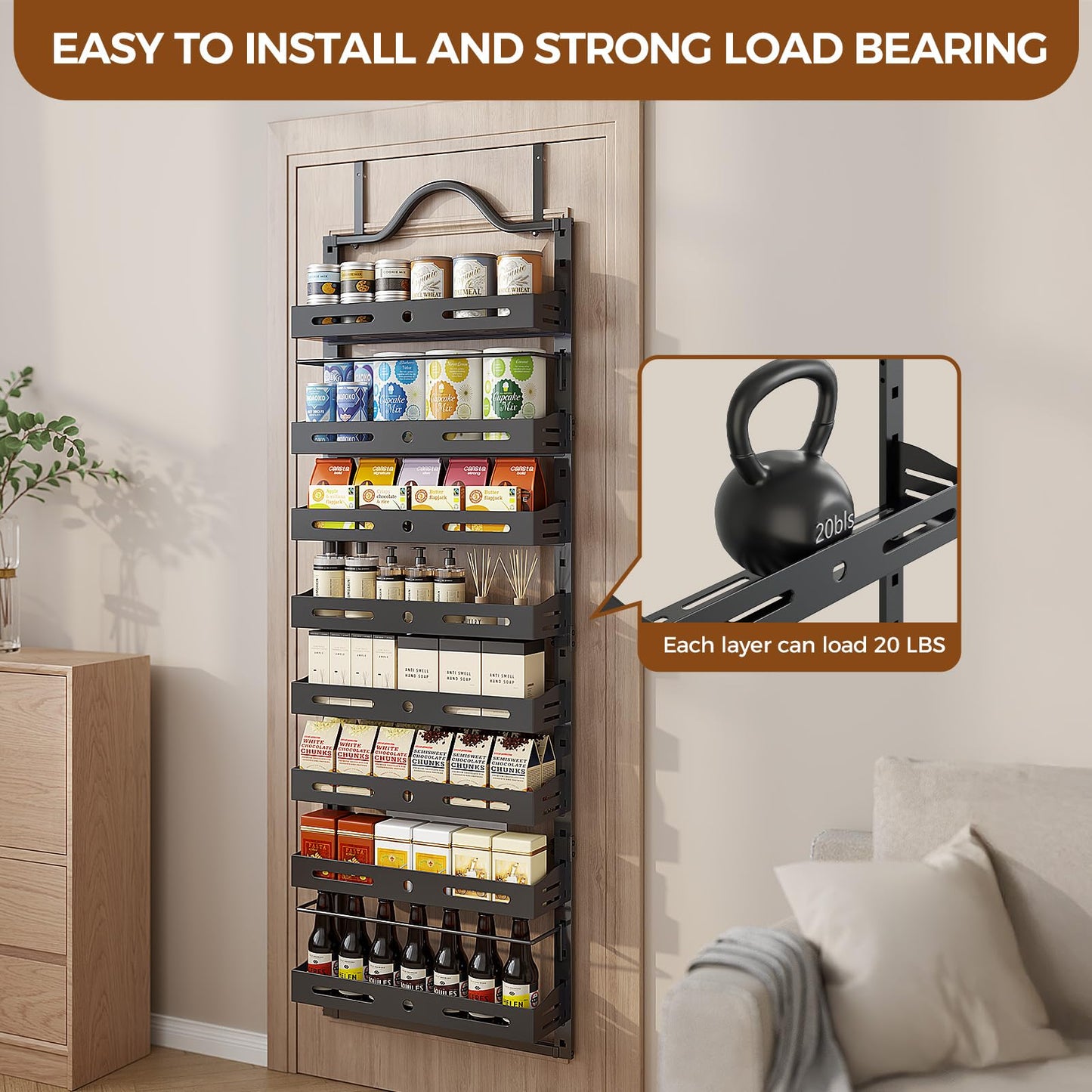 8-Tier Over The Door Pantry Organizer Pantry Organization and Storage with Adjustable Basket, Door Spice Rack for Kitchen, Bathroom (Black, 8-Tier (17.1"W x 5.7"D x 72.6"H))