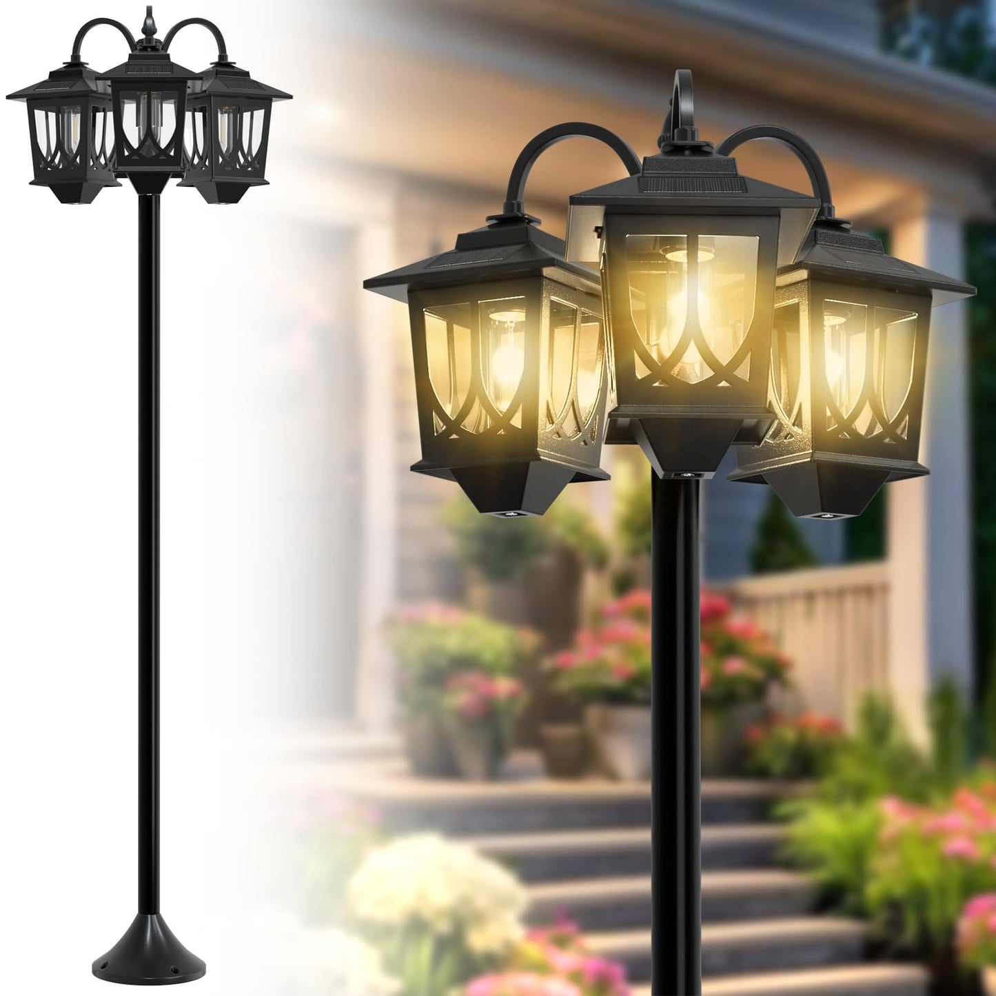 73" Aluminum Solar Lamp Post Light, 3-Head Solar Light Posts for Outside Waterproof, 90Lm Outdoor Lamps for Patio, Backyard, Front Porch Decor, Warm White, Replaceable Bulb