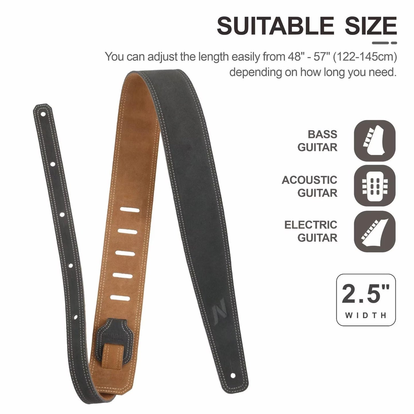 Nefelibata Guitar Strap, 2.5" Wide Bavarian Tumbled Leather Guitar Straps with Foam Padding and Cable Storage Loop, for Kids, Men and Women, for Acoustic, Bass and Electric Guitars（Gray）